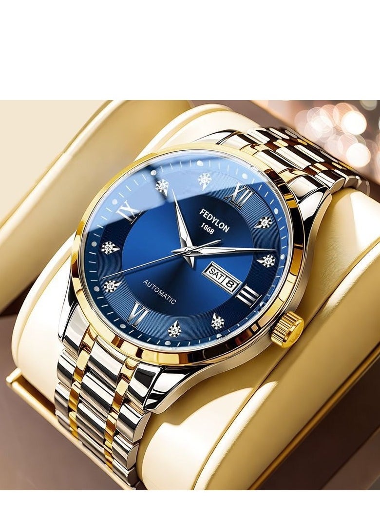FEDYLON Men’s Two-Tone Business Quartz Watch – Blue Dial, Dual Calendar, Luminous Hands, 30M Waterproof, Roman Numerals, Stainless Steel Look Wristwatch