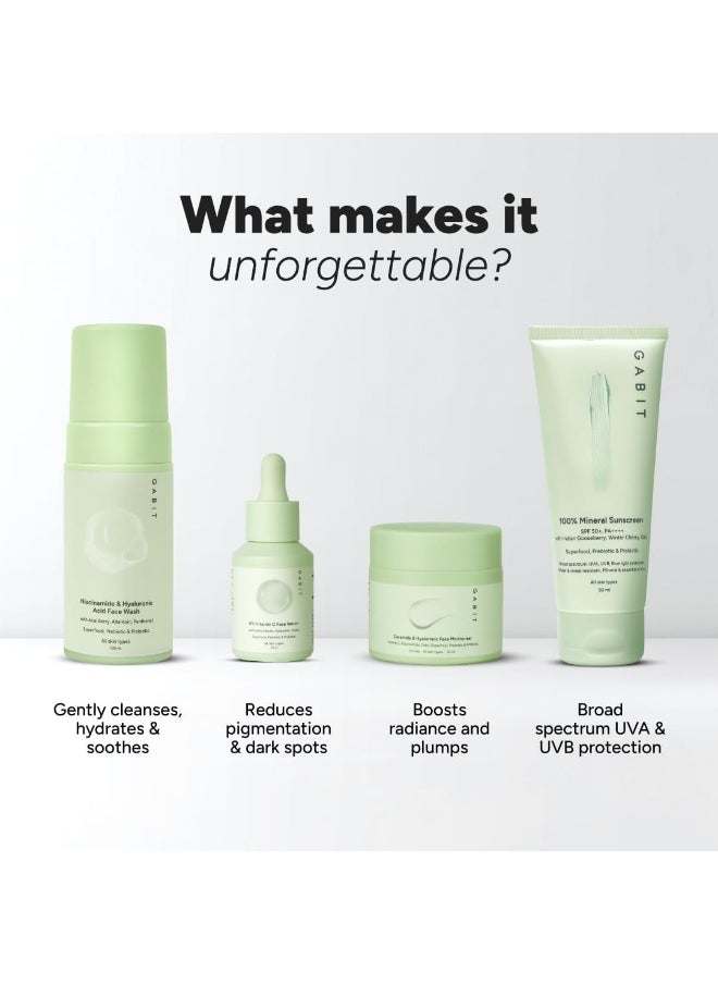Skincare Gamechangers Kit | With Niacinamide & Hyaluronic Face Wash, 8% Vitamin C & Arbutin Serum, Ceramide & Hyaluronic Moisturizer, 100% Mineral Sunscreen | Men & Women, All Skin Types, 230ml