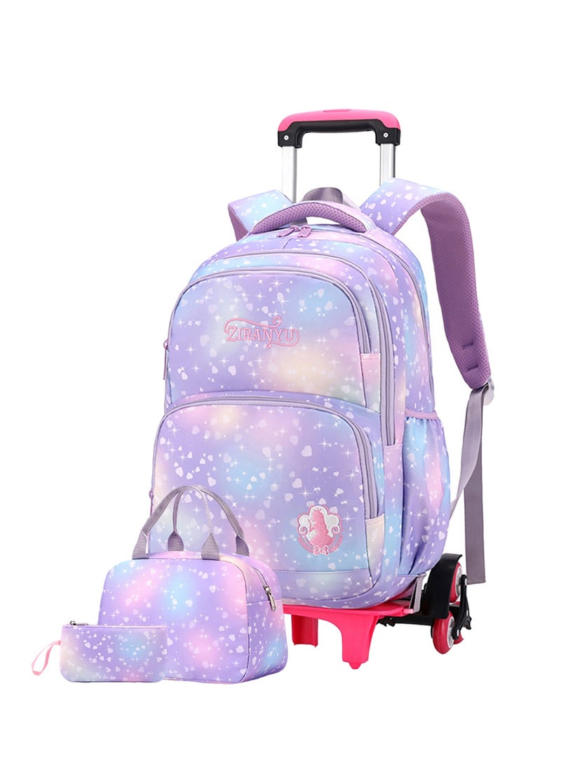 Kids Trolley Backpack 3Pcs Set, Rolling Schoolbag with Pencil Box, Lunch Bag, Large Capacity Wheeled Schoolbag for Students, Girls