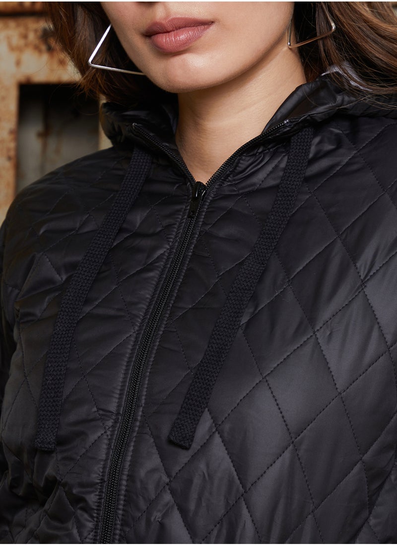 Women's Onyx Black Rhombus-Quilted Bomber Jacket