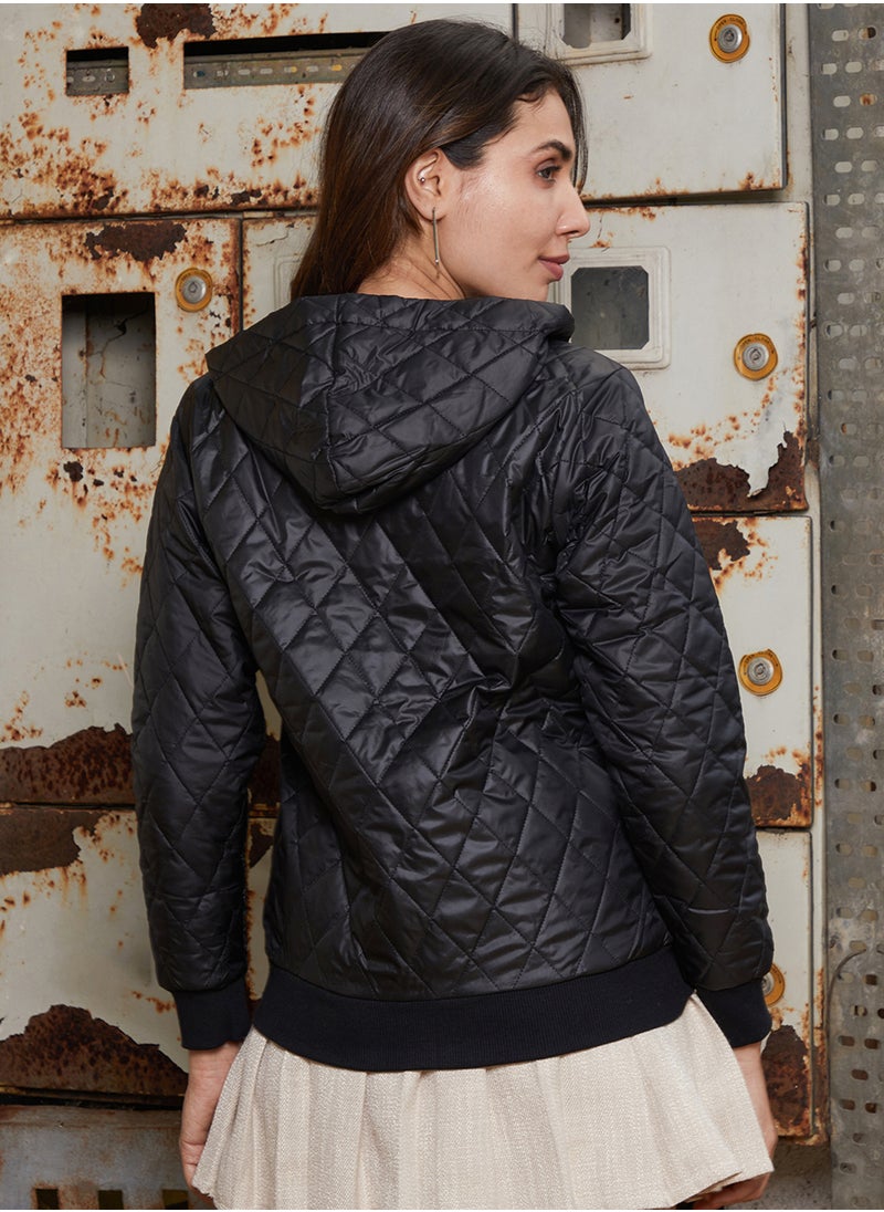 Women's Onyx Black Rhombus-Quilted Bomber Jacket