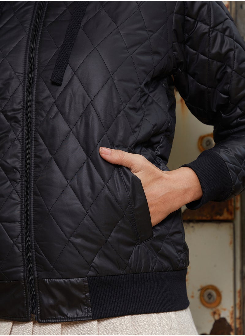 Women's Onyx Black Rhombus-Quilted Bomber Jacket