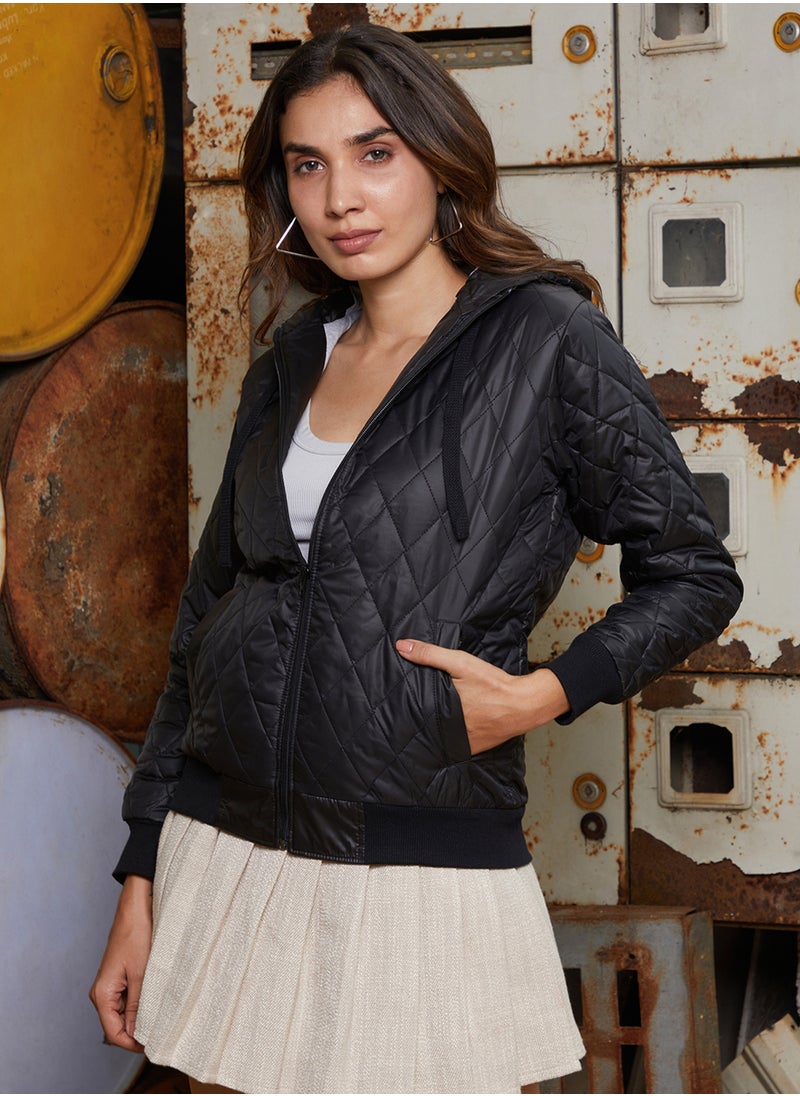 Women's Onyx Black Rhombus-Quilted Bomber Jacket
