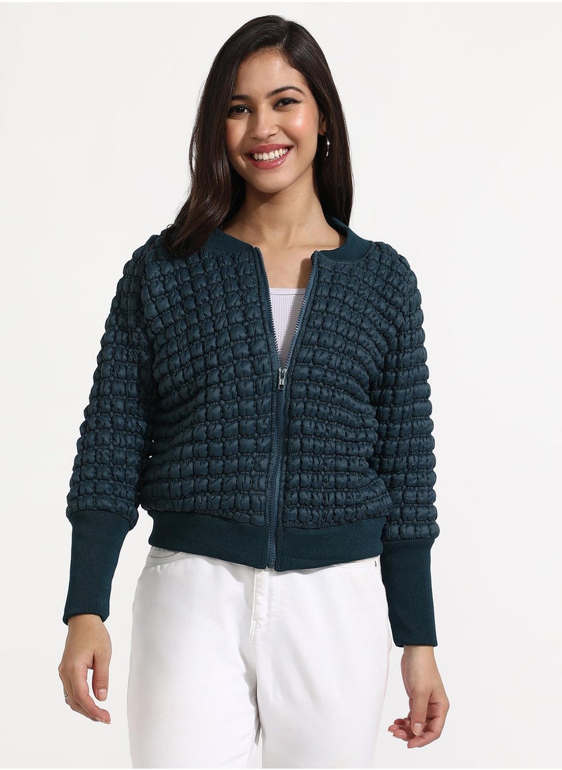 Women's Teal Blue Creased Ripple Quilted Puffer Jacket