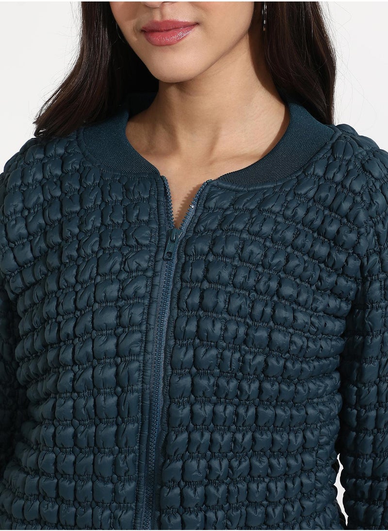 Women's Teal Blue Creased Ripple Quilted Puffer Jacket
