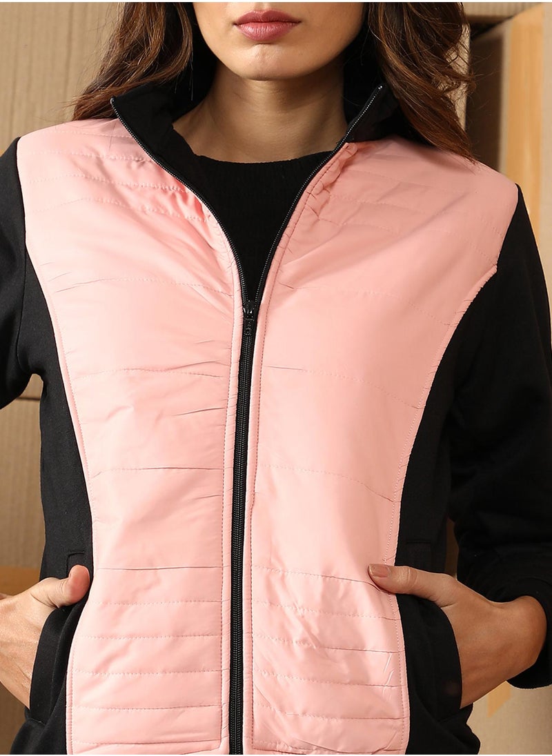 Women's Baby Pink & Onyx Black Zip-Front Block Jacket