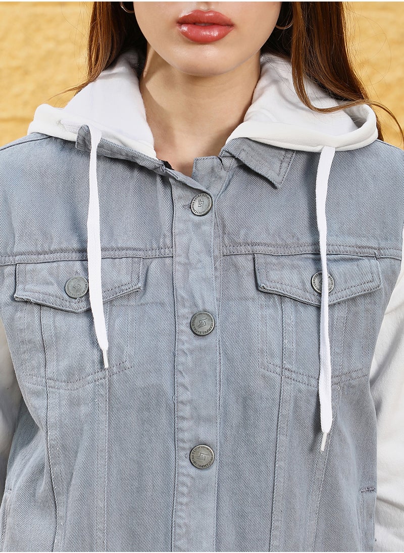 Women's Ash Grey/Daisy White Mid-Wash Block Denim Jacket