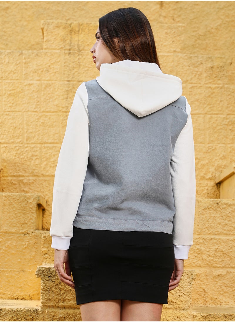 Women's Ash Grey/Daisy White Mid-Wash Block Denim Jacket