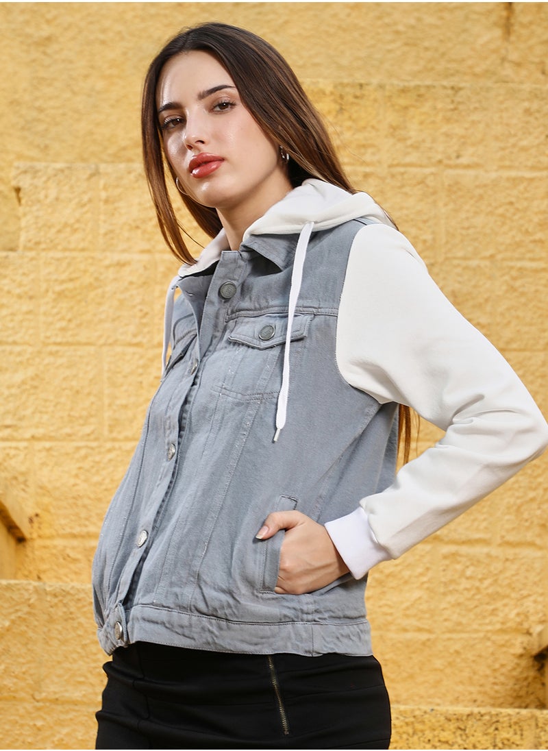 Women's Ash Grey/Daisy White Mid-Wash Block Denim Jacket