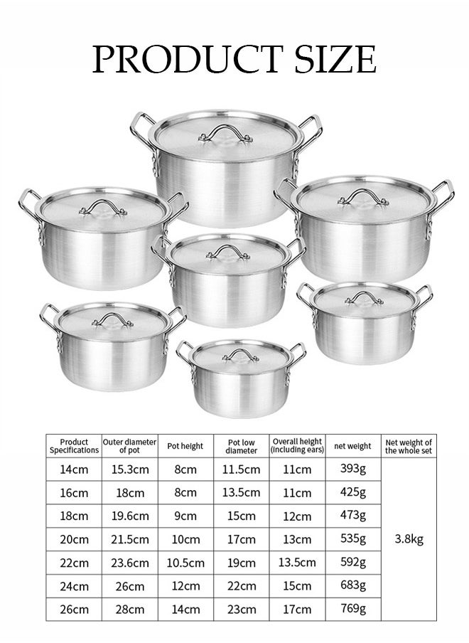 7-Piece Aluminum Cooking Pot Set With Lids And Handles, Large, Medium And Small, Suitable For Stews, 14 Cm / 16 Cm / 18 Cm / 20 Cm / 22 Cm / 24 Cm / 26 Cm Pots