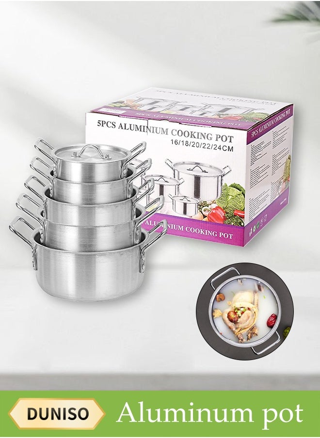 5-Piece Aluminum Cooking Pot Set With Lid And Handle, Large, Medium And Small, Suitable For Stews, 16 Cm / 18 Cm / 20 Cm / 22 Cm / 24 Cm Pots