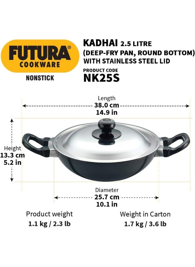 2.5 Liters Futura Nonstick Aluminium Kadhai With Stainless Steel Lid,Black