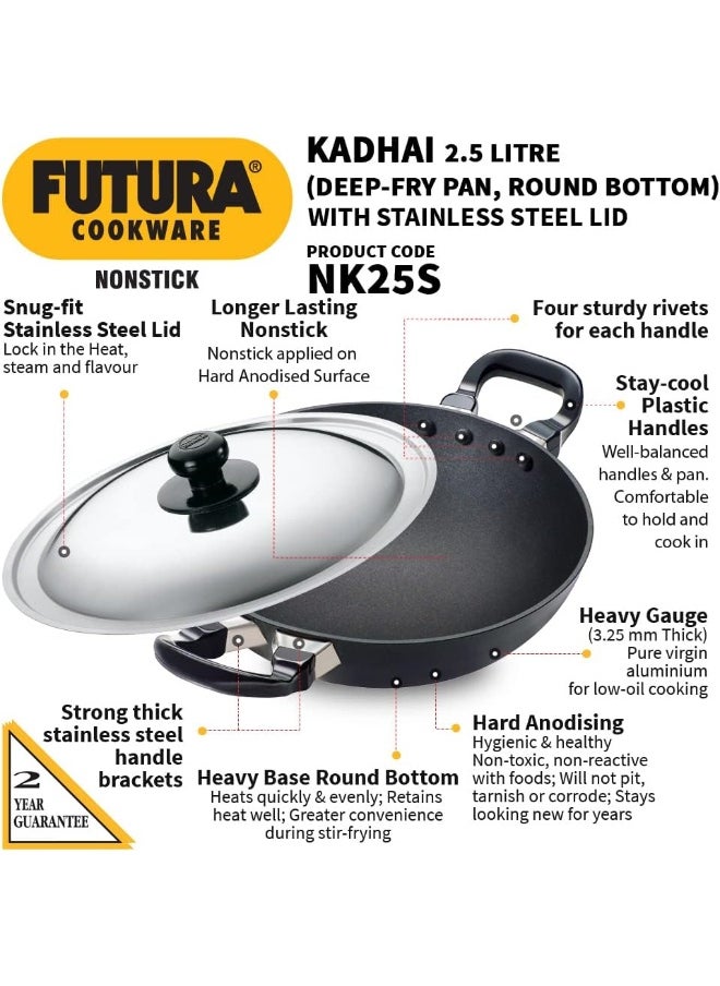 2.5 Liters Futura Nonstick Aluminium Kadhai With Stainless Steel Lid,Black