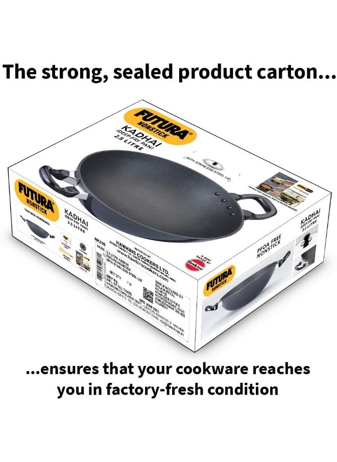 2.5 Liters Futura Nonstick Aluminium Kadhai With Stainless Steel Lid,Black