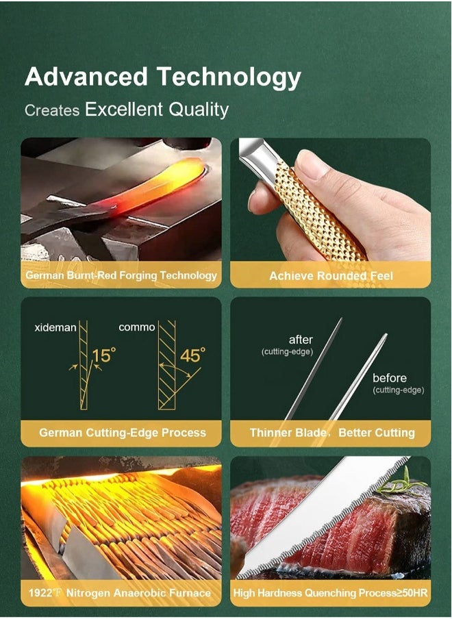 4-Piece ​Hammered Silver Gold Cutlery Set with Ultra Sharp 2-in-1 Serrated Knive, Golden 18/10 Stainless Steel Silverware Set, Flatware Set for 1 People, Knives Forks Spoons Set