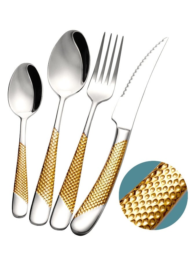 4-Piece ​Hammered Silver Gold Cutlery Set with Ultra Sharp 2-in-1 Serrated Knive, Golden 18/10 Stainless Steel Silverware Set, Flatware Set for 1 People, Knives Forks Spoons Set
