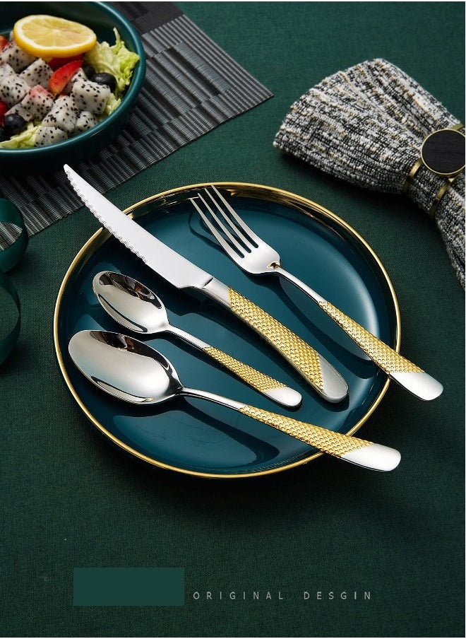 4-Piece ​Hammered Silver Gold Cutlery Set with Ultra Sharp 2-in-1 Serrated Knive, Golden 18/10 Stainless Steel Silverware Set, Flatware Set for 1 People, Knives Forks Spoons Set