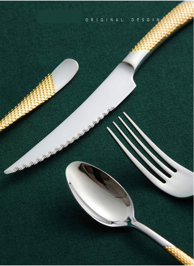 4-Piece ​Hammered Silver Gold Cutlery Set with Ultra Sharp 2-in-1 Serrated Knive, Golden 18/10 Stainless Steel Silverware Set, Flatware Set for 1 People, Knives Forks Spoons Set