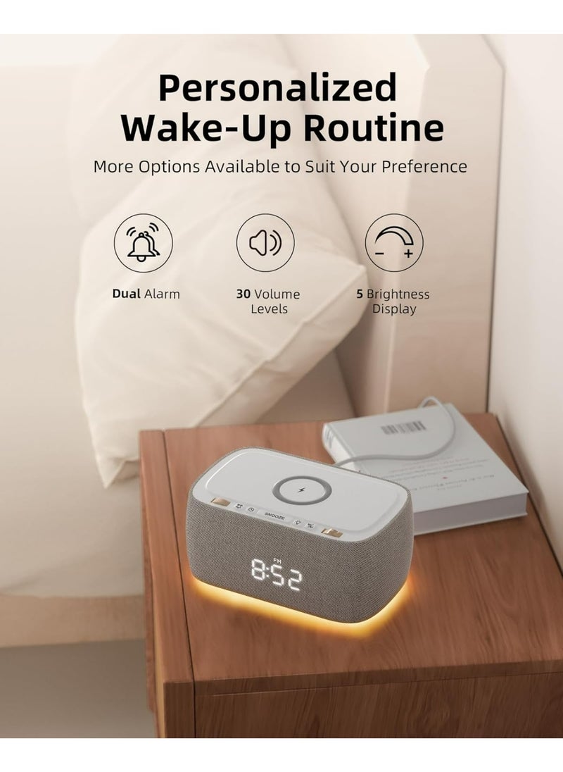 EZVALO 6-in-1 Smart Alarm Clock with Bluetooth Speaker, FM Radio, Wireless Charging Pad, USB-C Fast Charger, Night Light & LED Display