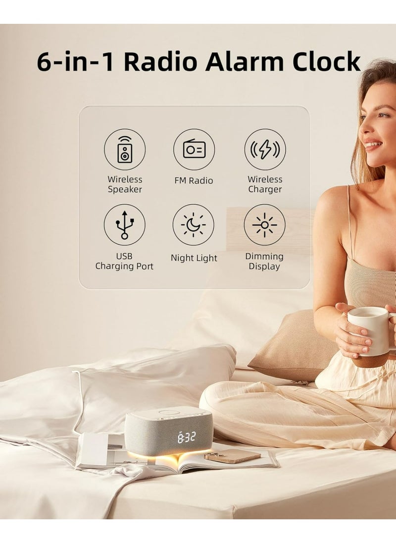 EZVALO 6-in-1 Smart Alarm Clock with Bluetooth Speaker, FM Radio, Wireless Charging Pad, USB-C Fast Charger, Night Light & LED Display