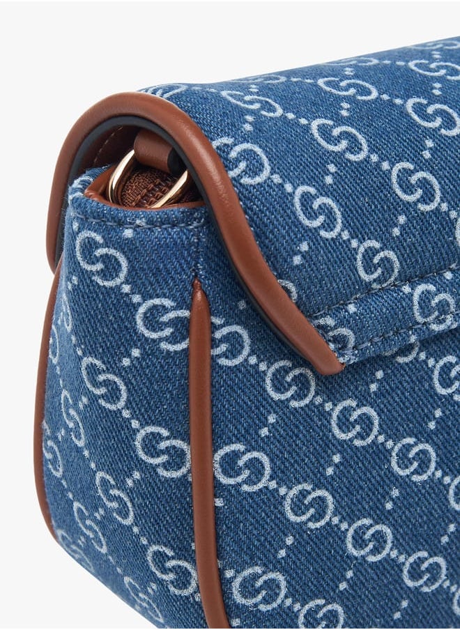 Women Monogram Print Denim Crossbody Bag with Detachable Chain Strap