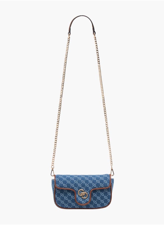 Women Monogram Print Denim Crossbody Bag with Detachable Chain Strap