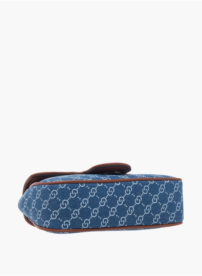 Women Monogram Print Denim Crossbody Bag with Detachable Chain Strap