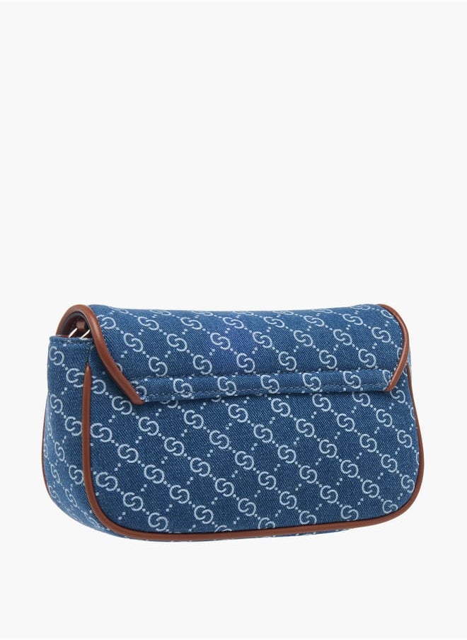 Women Monogram Print Denim Crossbody Bag with Detachable Chain Strap