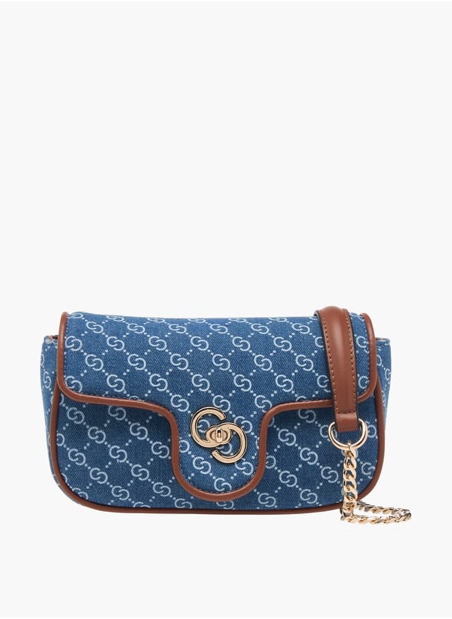 Women Monogram Print Denim Crossbody Bag with Detachable Chain Strap