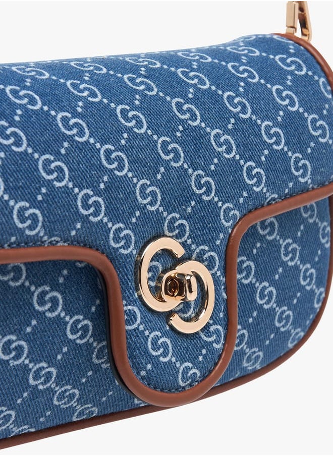 Women Monogram Print Denim Crossbody Bag with Detachable Chain Strap