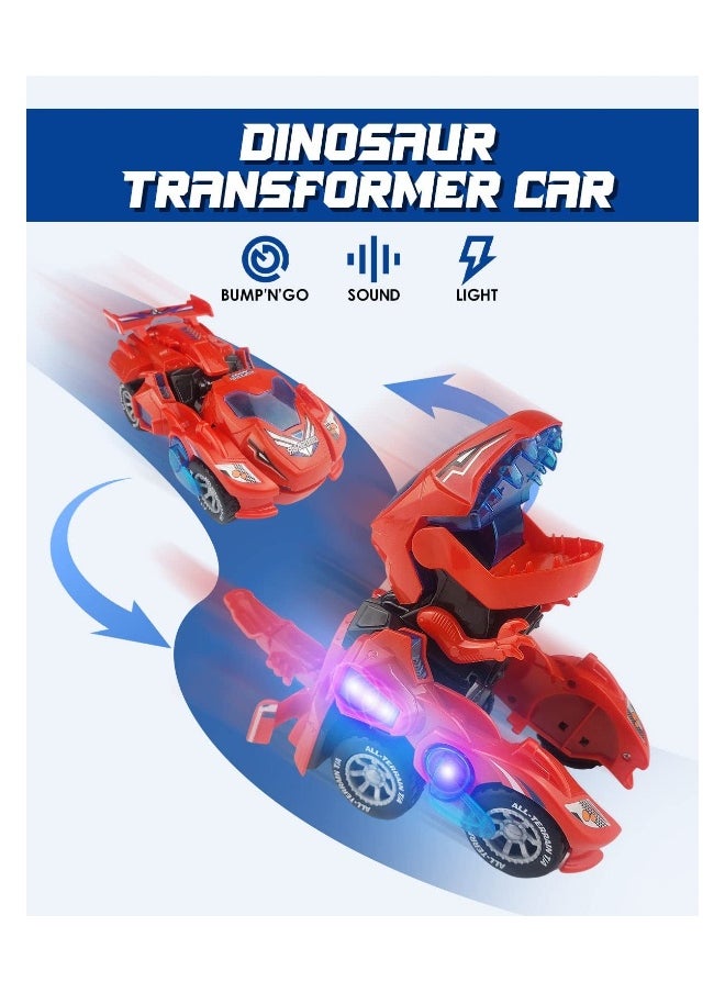 Transforming Dinosaur Car Toys, Sound and LED Transforming Dinosaur Car, 2 in 1 Automatic Dinosaur Transform Car Toy, Dinosaur Transformer Toy for 3 to 7 Year Old Kids