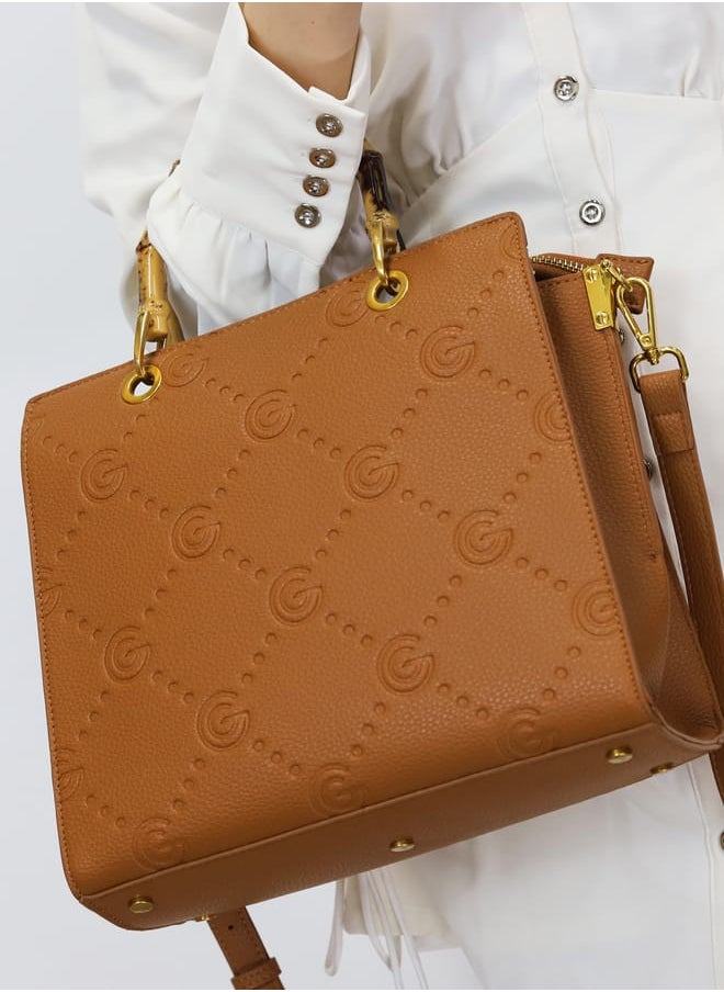 Gabriella Gucci Monogram Embossed Tote Bag with Top Handle and Zip Closure