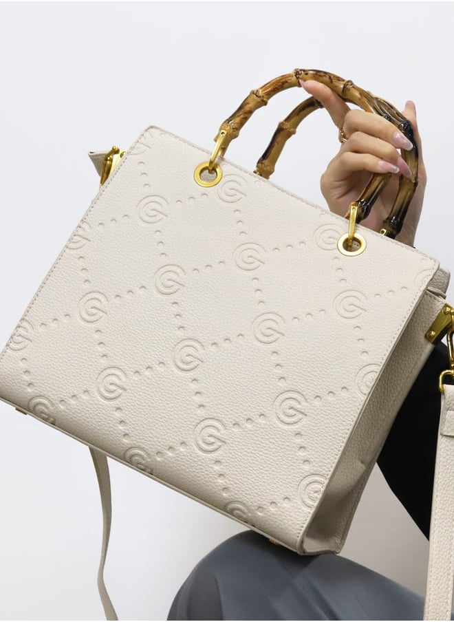 Gabriella Gucci Monogram Embossed Tote Bag with Top Handle and Zip Closure