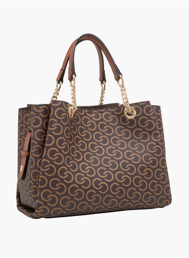 Monogram Print Tote Bag with Double Handles and Adjustable Strap