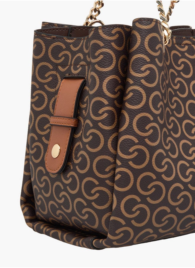 Monogram Print Tote Bag with Double Handles and Adjustable Strap