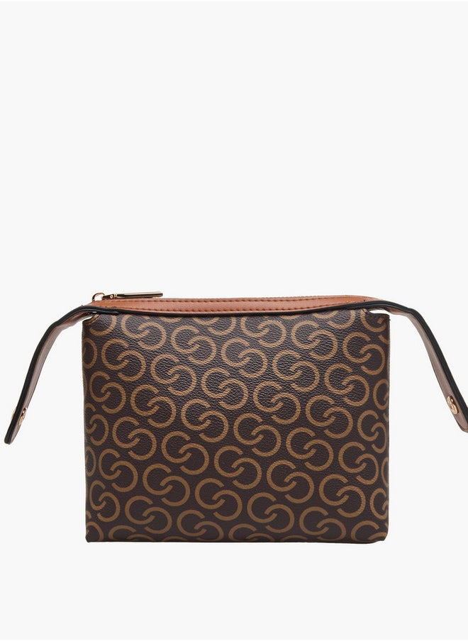 Monogram Print Tote Bag with Double Handles and Adjustable Strap