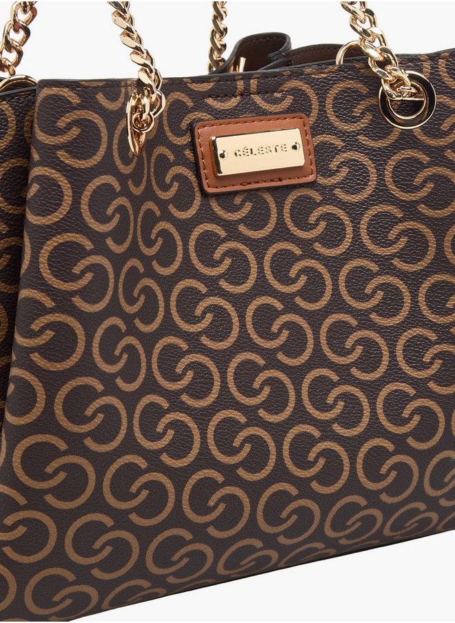 Monogram Print Tote Bag with Double Handles and Adjustable Strap
