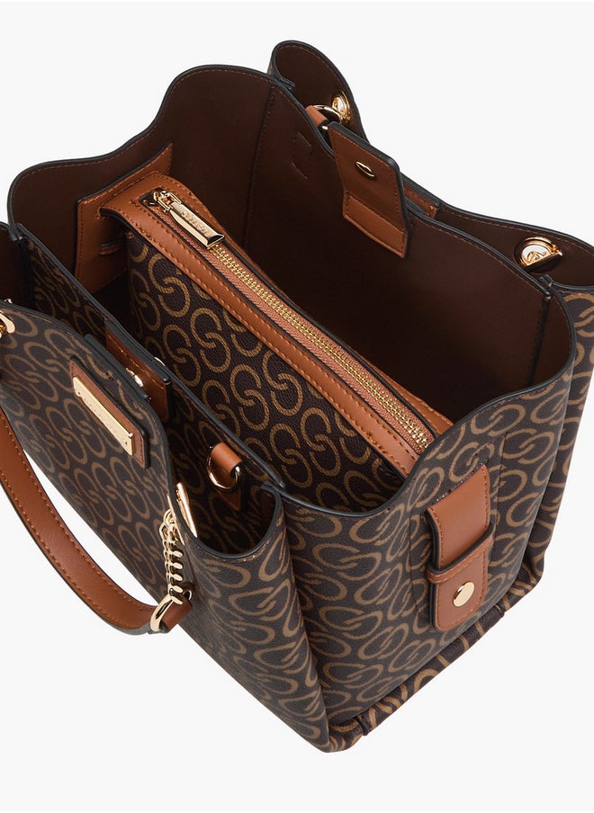 Monogram Print Tote Bag with Double Handles and Adjustable Strap