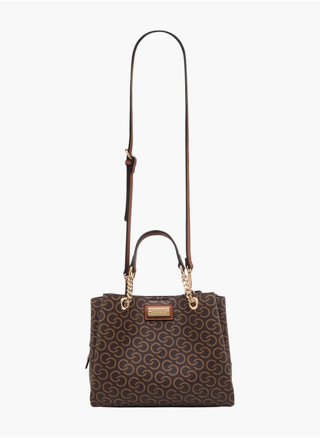 Monogram Print Tote Bag with Double Handles and Adjustable Strap