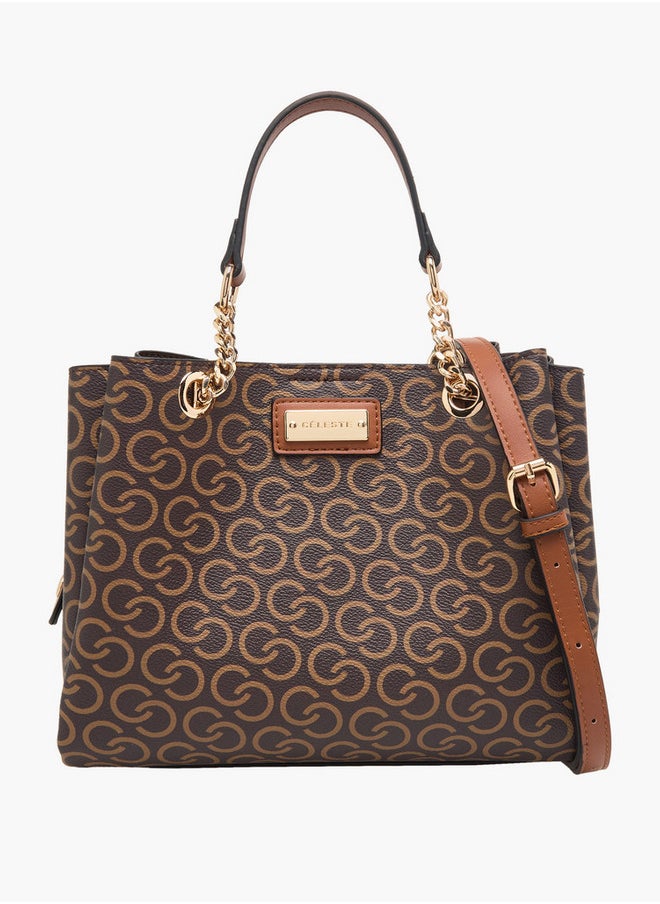Monogram Print Tote Bag with Double Handles and Adjustable Strap