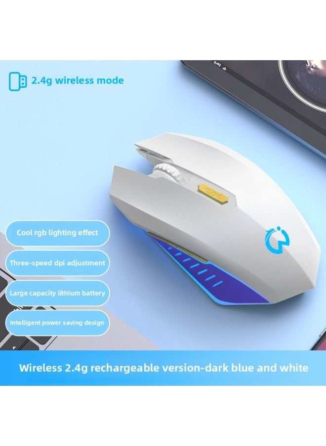 Wireless Mouse Silent Computer Office Game E-Sports Luminous Rechargeable Notebook Bluetooth For Boys And Girls-Specification:Blue And White [2.4g Wireless] Silent Charging - Long-lasting Battery Life - 11 Rgb Lighting Effects - Official Standard