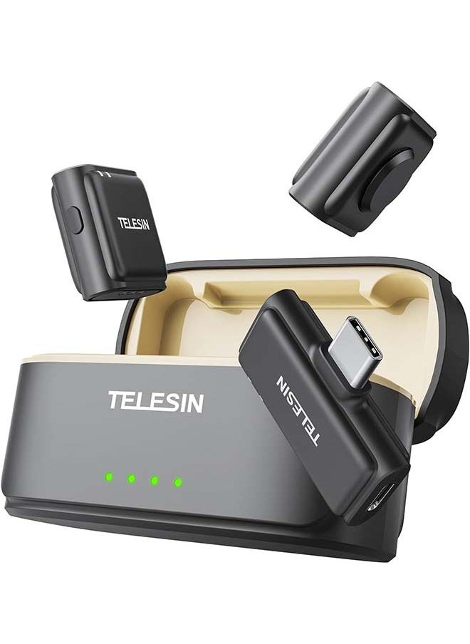 TELESIN  Wireless Lavalier Microphone with Charging Case, one-Click Noise Reduction 48KHz 24Bit 650ft Range 20H Battery for Video Recording Type C Fit iPhone 15 16 Series/Android/PC/Laptop/Camera