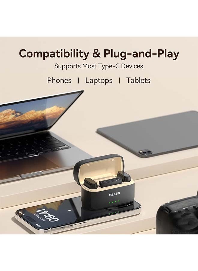 TELESIN  Wireless Lavalier Microphone with Charging Case, one-Click Noise Reduction 48KHz 24Bit 650ft Range 20H Battery for Video Recording Type C Fit iPhone 15 16 Series/Android/PC/Laptop/Camera