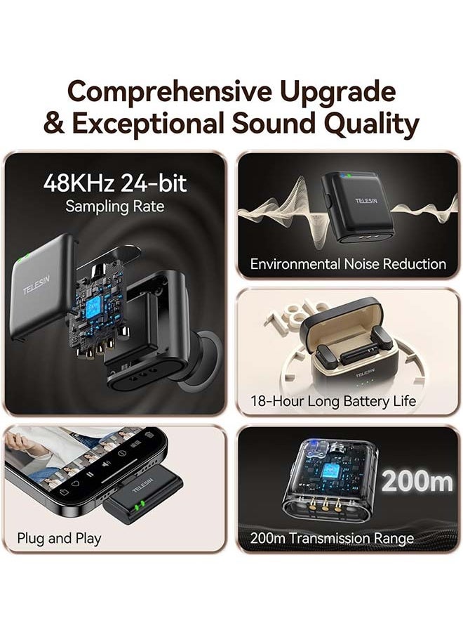 TELESIN  Wireless Lavalier Microphone with Charging Case, one-Click Noise Reduction 48KHz 24Bit 650ft Range 20H Battery for Video Recording Type C Fit iPhone 15 16 Series/Android/PC/Laptop/Camera