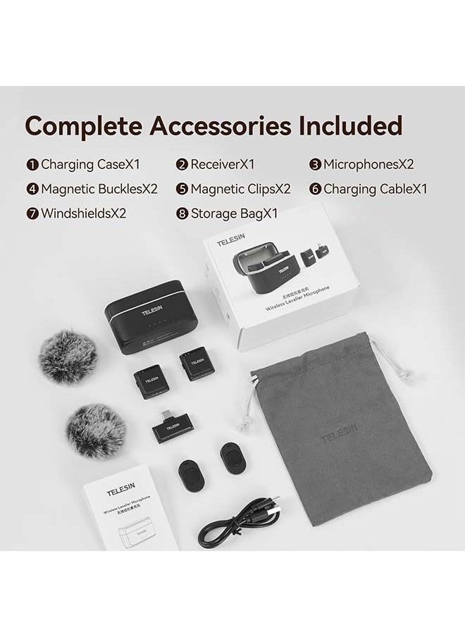 TELESIN  Wireless Lavalier Microphone with Charging Case, one-Click Noise Reduction 48KHz 24Bit 650ft Range 20H Battery for Video Recording Type C Fit iPhone 15 16 Series/Android/PC/Laptop/Camera