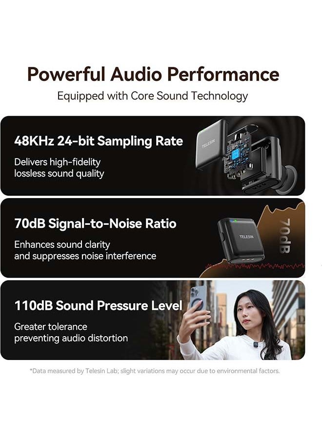 TELESIN  Wireless Lavalier Microphone with Charging Case, one-Click Noise Reduction 48KHz 24Bit 650ft Range 20H Battery for Video Recording Type C Fit iPhone 15 16 Series/Android/PC/Laptop/Camera