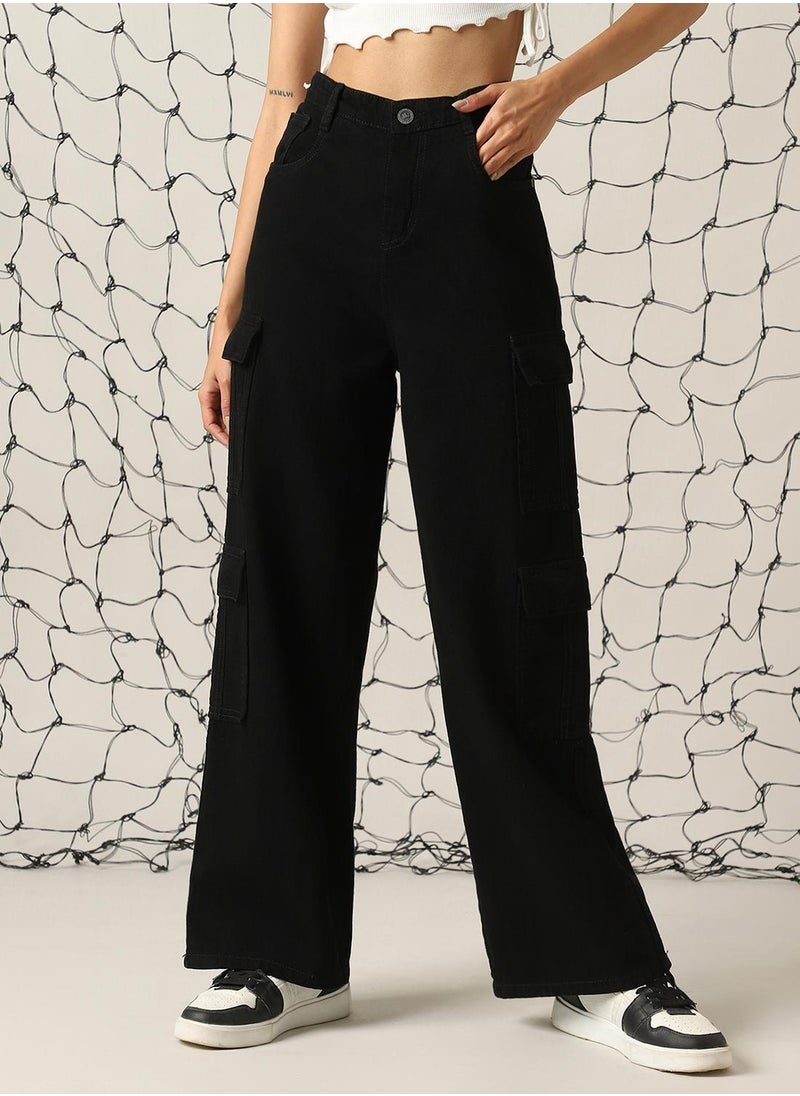 Women's Black 100% Cotton Distressed Full Length Cargo Baggy Fit Jeans