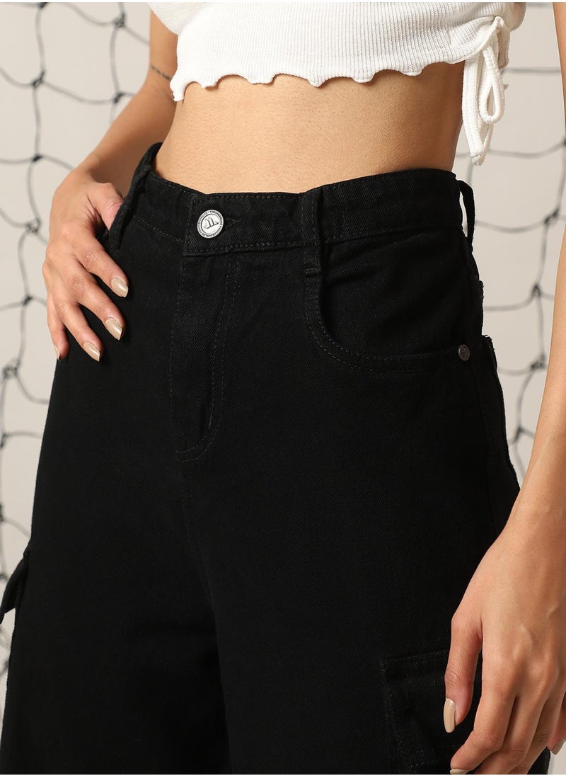 Women's Black 100% Cotton Distressed Full Length Cargo Baggy Fit Jeans