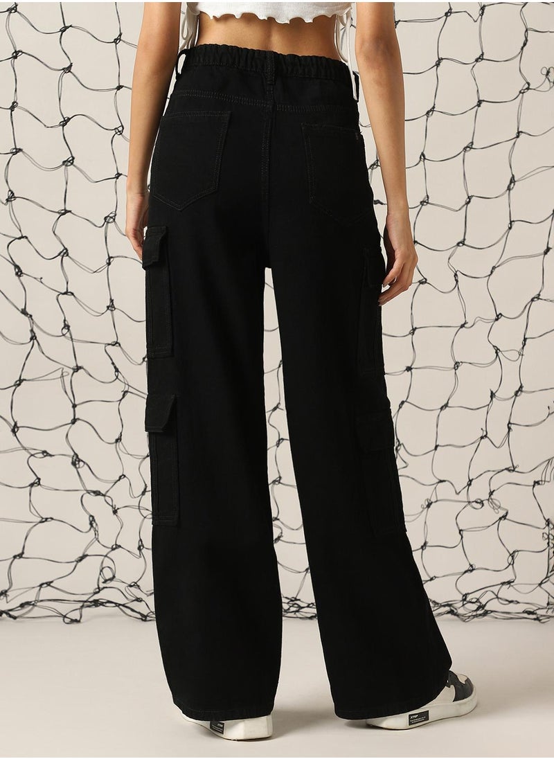 Women's Black 100% Cotton Distressed Full Length Cargo Baggy Fit Jeans