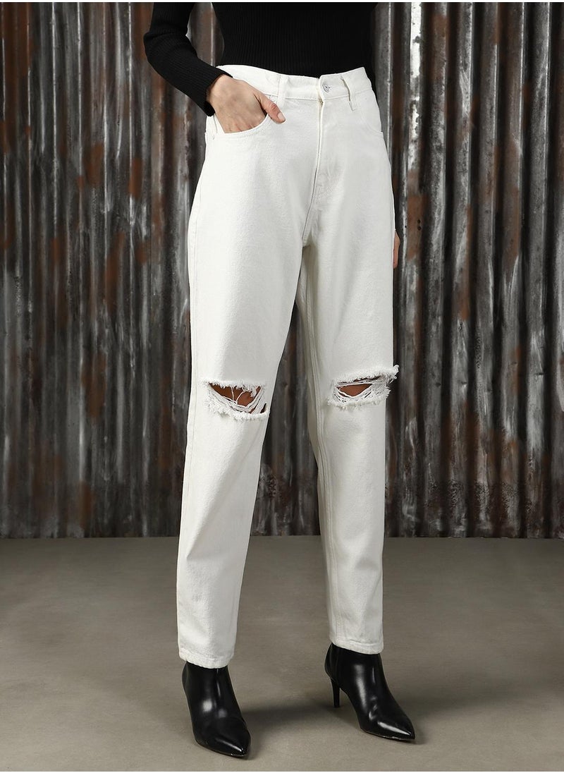 Women's Off White 100% Cotton Distressed Jeans